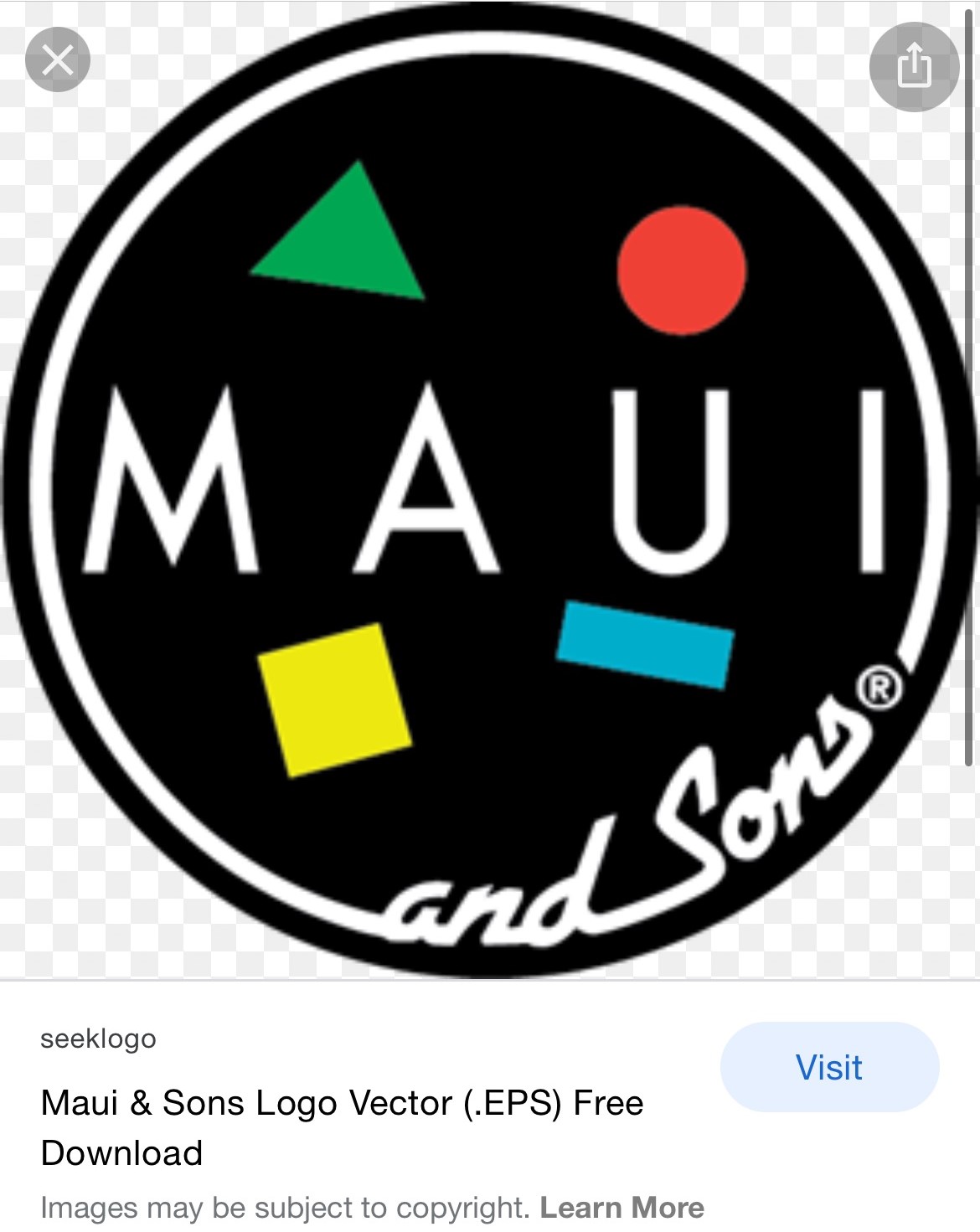 Image of a circular Maui and Sons logo with a few bright colors and geometric shapes 