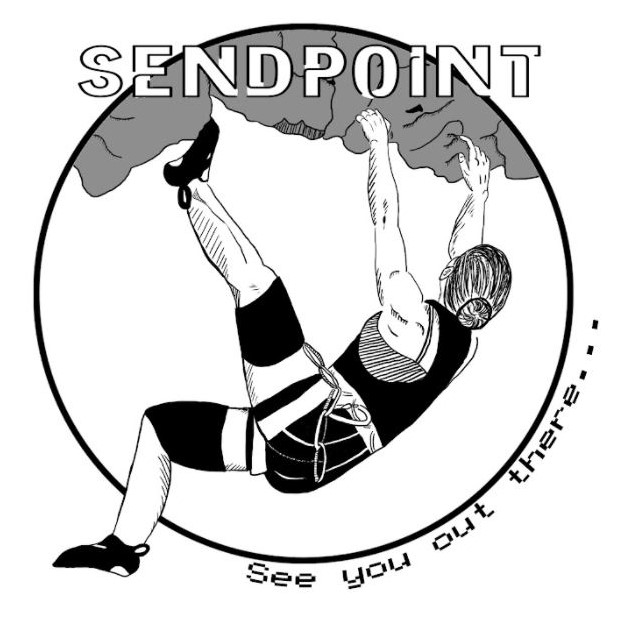 A logo of a girl hanging off the side of a rock climb. It says Sendpoint.