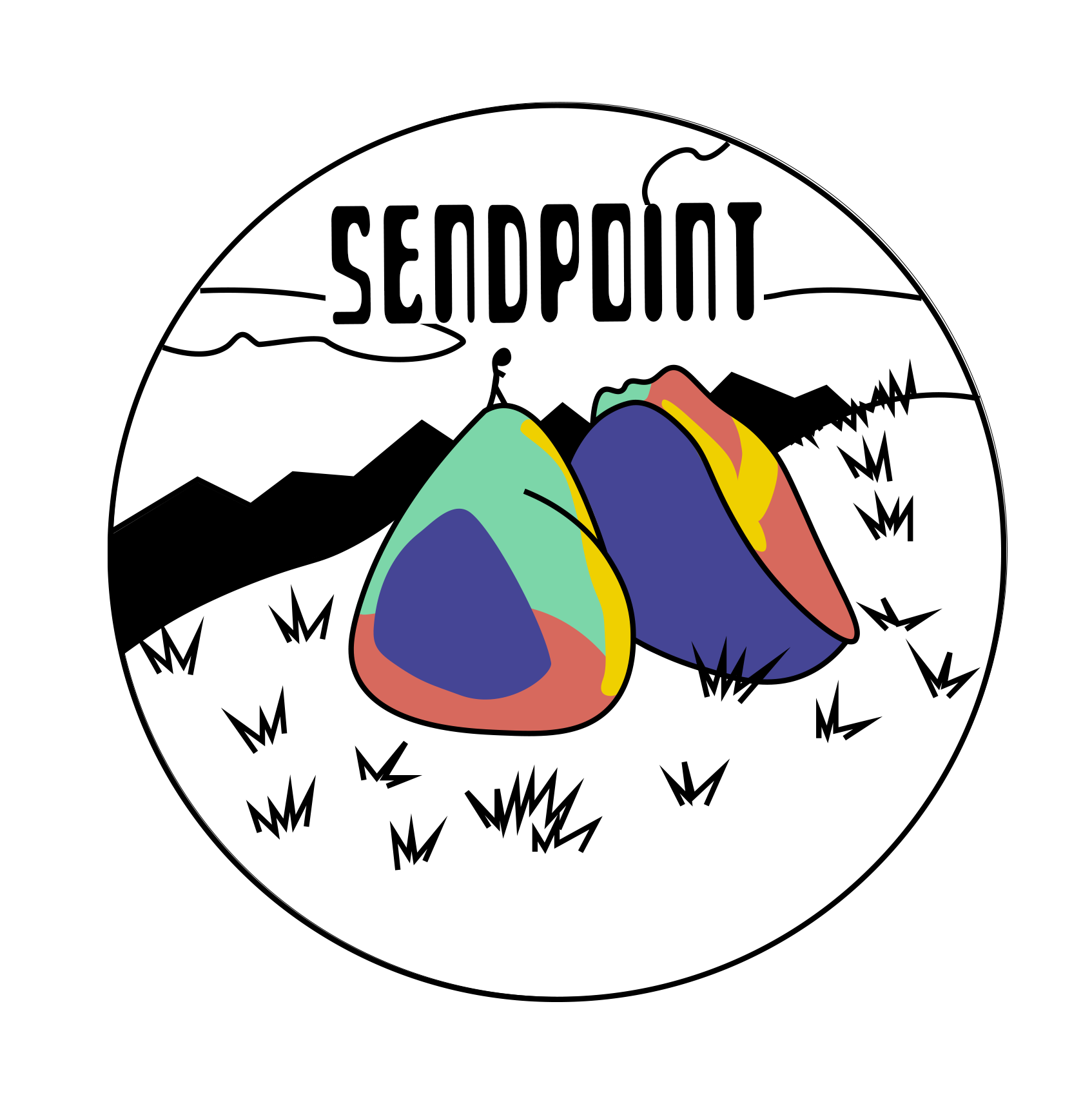 image of a logo that is a brightly-colored drawing of the buttermilk boulders in bishop colorado that says sendpoint. 